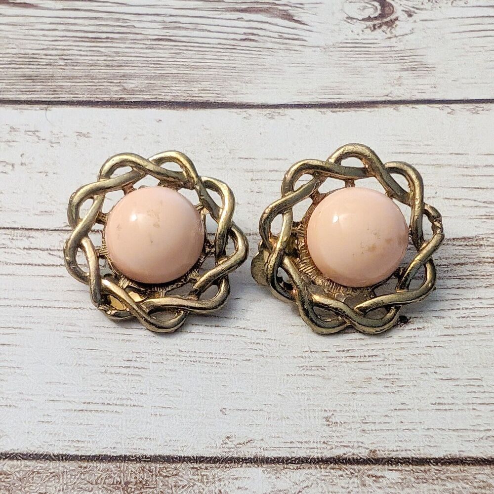 Vintage Clip On Earrings - Pinky Tone Center with Ornate Halo - Repair Needed